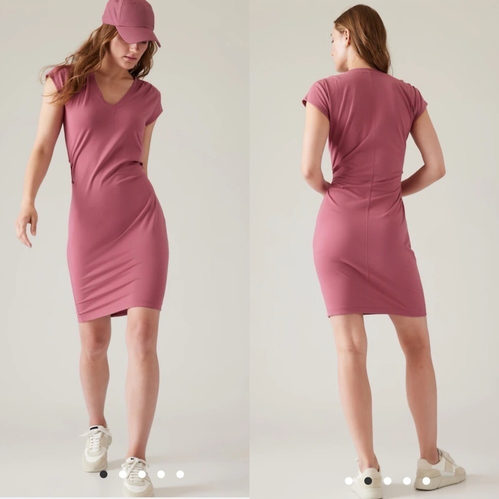 NWT Athleta Size XS Effortless Tee Dress Berry Rose Pink Short Sleeve V-neck